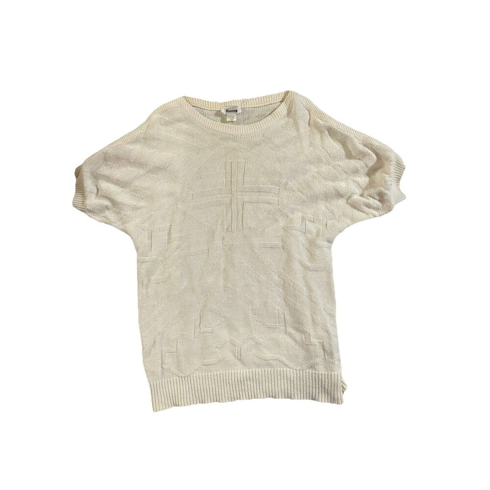 Vintage Bianca White Knit‎ Short Sleeve Sweater Top Ramie Cotton Coastal Grandma